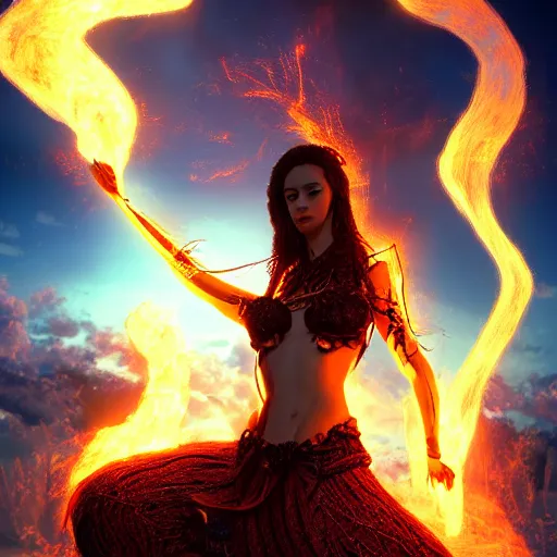 Image similar to a very beautiful Te Kā female lava and fire goddess character, character is in all its glory, character is in her natural relaxed pose,dramatic lighting, rim lights, particles and air smoke in the air, fancy clouds, highly detailed professional photo, dynamic lights, particles are flying, depth of field, trending on artstation, illustration, hyper realistic, vray caustics, super detailed, colorful accents, cinematic shot ar 9:16 -n 6 -g