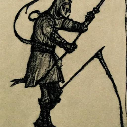 Prompt: Robin Hood stamp in medieval style, ink outline, charcoal on paper, ex libris