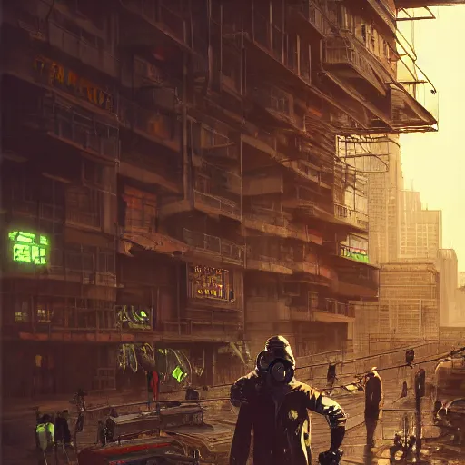 Image similar to Guy in a Gasmask, Cyberpunk city, street vendors, citizens, augmented cyborgs, robots, skyscapers, buildings, clouds, sunset, painted by seb mckinnon, high detail, digital art, trending on artstation