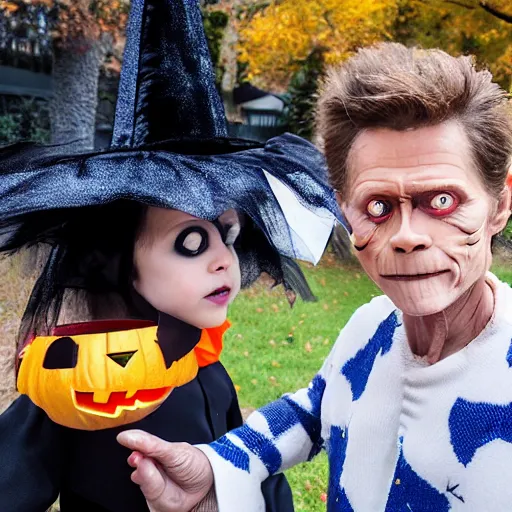 Image similar to willem dafoe trick or treating on halloween, ( sony a 7 r iv, symmetric balance, polarizing filter, photolab, lightroom, 4 k, dolby vision, photography awardm, voque, perfect face )