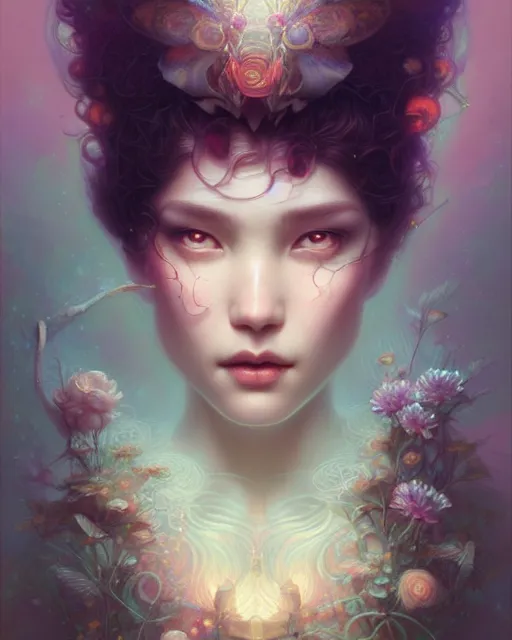 Prompt: benefit of all, ill of none, fractal crystal, fantasy beauty portrait by tom bagshaw, tooth wu, wlop, james jean, victo ngai, beautifully lit, muted colors, highly detailed, artstation, fantasy art by craig mullins, thomas kinkade