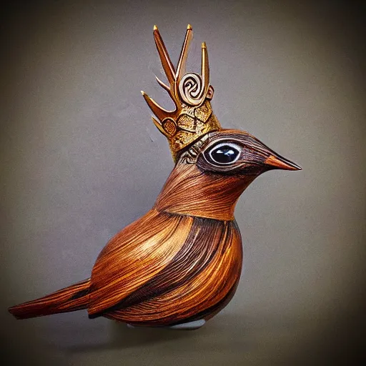 Prompt: carved wooden colorful bird, golden crown, dark, rusty, fantasy forest, highly detailed, ultra realistic, artstation, smooth, sharp focus