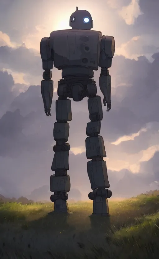 Image similar to iron giant standing near his farm, dynamic lighting, photorealistic fantasy concept art, trending on art station, stunning visuals, creative, cinematic, ultra detailed
