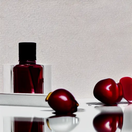 Image similar to perfume bottle and artistic dark red cherries and white flowers, realistic, up close shot, white background, zen, cool light, modern minimalist f 2 0