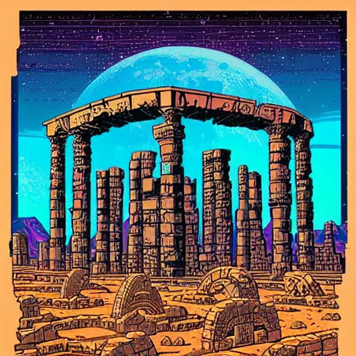 Prompt: ancient ruins, synthwave, moon, stargate, die cut sticker art by Dan Mumford and by Michael Whelan