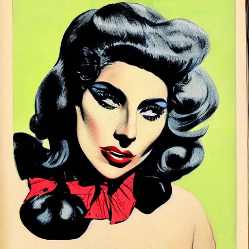 Image similar to Lady Gaga portrait, color vintage magazine illustration 1950