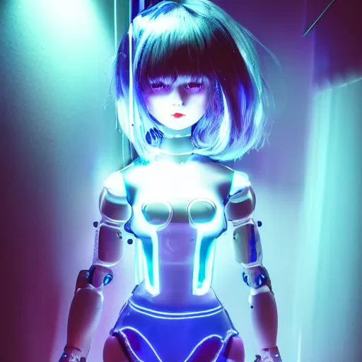 Prompt: blue cyber porcelain doll with led eyes. standing in middle of dark hallway. volumetric light on back. broken neon lighting. cyberpunk. high details, photorealistic, artstation trending. dark mood. anime, akira.
