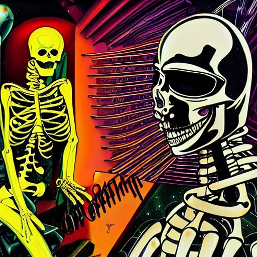 Image similar to 1 9 8 0's heavy metal album art, a shiny reflective detailed chrome android dancing with a skeleton wearing a skintight black latex bodysuit inside an alien nightclub, colorful lighting