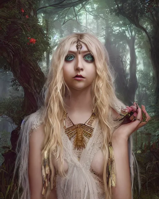 Prompt: Beautiful art portrait of taylor momsen as a fantasy priestess in a bright temple surrounded by lush forest, atmospheric lighting, intricate detail, cgsociety, hyperrealistic, octane render, RPG portrait, ambient light, dynamic lighting