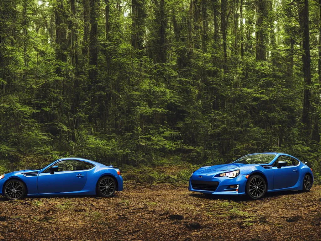 Prompt: cinematic still of one subaru brz in a forest by studio ghibli