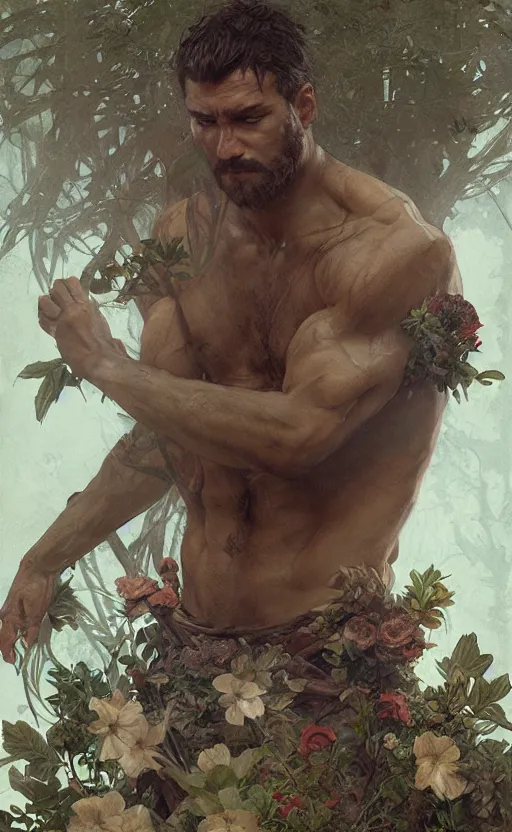 Image similar to god of the forest, 3 0 years old, rugged, handsome, male, detailed face, clean lines, atmospheric lighting, amazing, full body, thighs, flowers, muscular, intricate, highly detailed, digital painting, deviantart, concept art, sharp focus, illustration, art by greg rutkowski and alphonse mucha