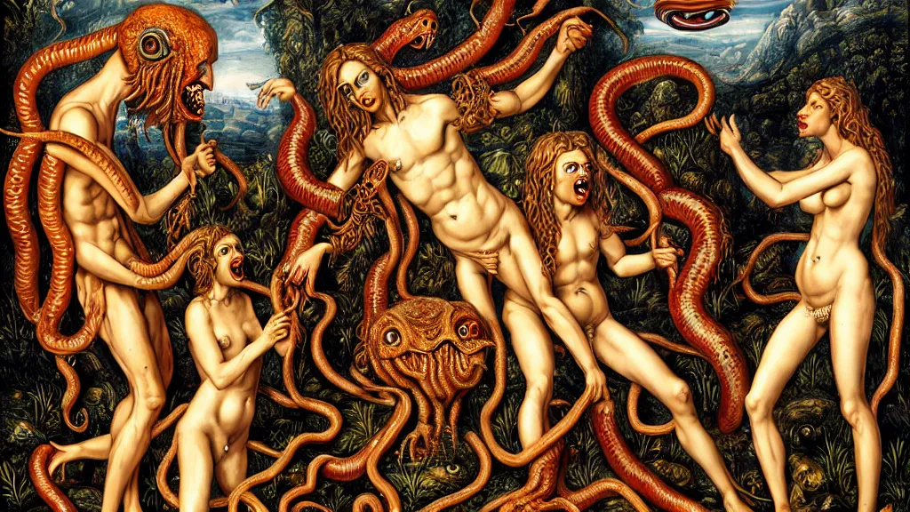 Prompt: Adam and eve with a screaming worm monster, maximalist, high detail, 8k, ornate, dark fantasy, realistic, masterpiece, complex, wide angle, by Jodorowskys