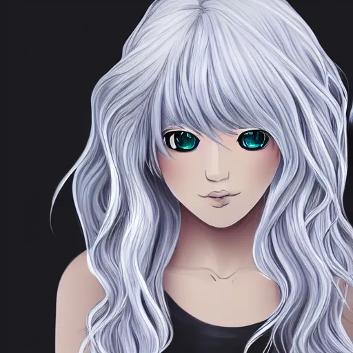 Image similar to young woman with long wavy ashen silver hair, with blackness instead of eyes, anime