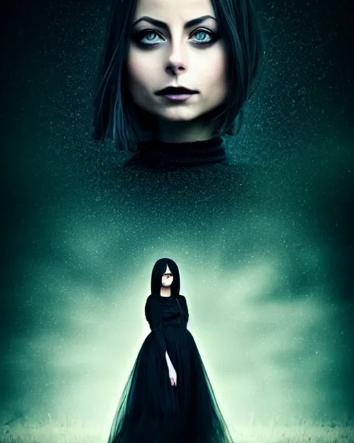 Image similar to style of mikko lagerstedt, artgerm : : gorgeous willa holland : : evil witch, swirling black magic, black dress : : symmetrical face, symmetrical eyes : : full body pose : : gorgeous black hair : : magic lighting, low spacial lighting : :