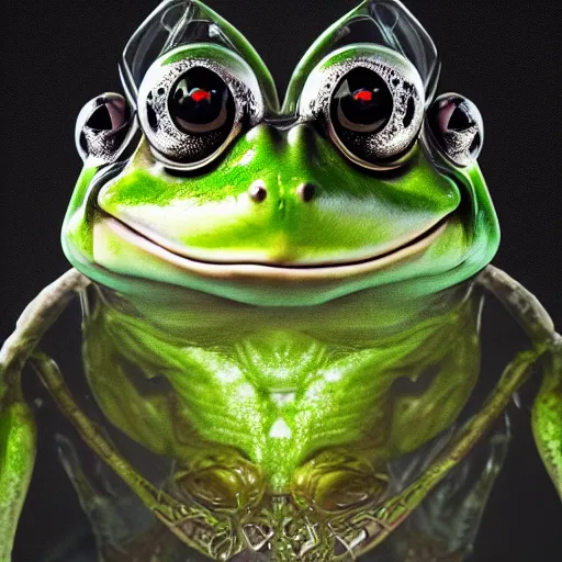 Prompt: a portrait of a evil frog in glass armor releasing spell, full height, moving forward, concept art, trending on artstation, highly detailed, intricate, sharp focus, digital art, 8 k