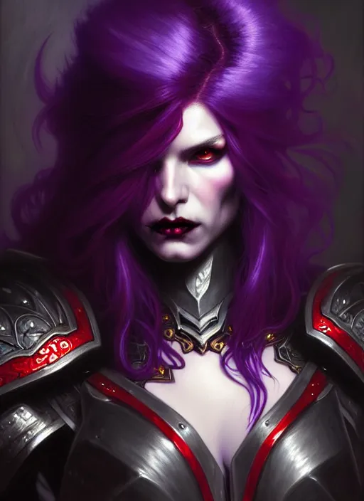 Image similar to character concept portrait of a vampire in bionic armor with purple hair, strong, intricate, elegant, intense, stoic, highly detailed, digital painting, artstation, concept art, symmetry, smooth, sharp focus, illustration, black and red, art by gaston bussiere and alphone mucha