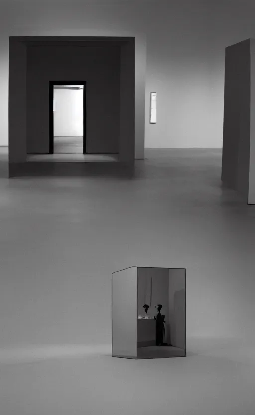 Image similar to a filmstill of a readymade object in a museum, empty white room, in the style of Marcel Duchamp and Orson Welles