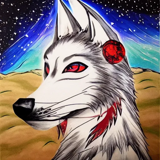 Prompt: okami white wolf with red tattoos resting under a sky full of stars, by a deep!! river, calm, acrylic on canvas, okami, cel shaded