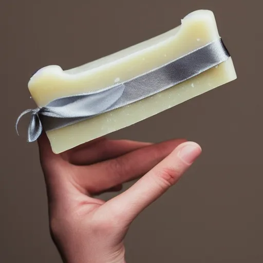 Image similar to a hand holding up a hand made scented bar of soap with a ribbon around it, soap shop in the background, studio advertising photography