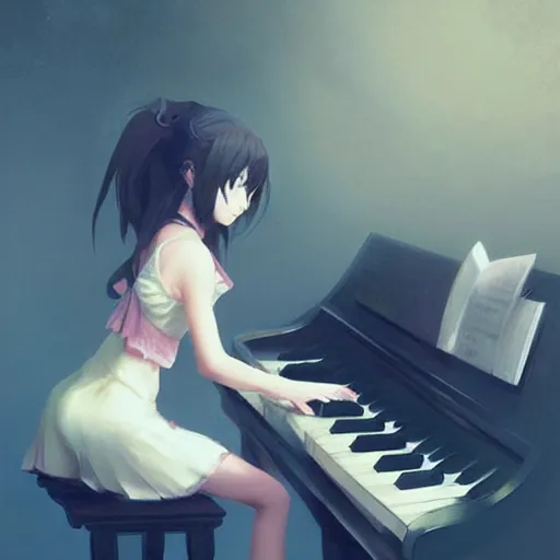 Image similar to anime girl Playing the Piano instrument , digital Art, Greg rutkowski, Trending cinematographic artstation