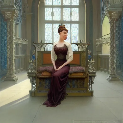 Image similar to kneeling before a proud queen, sitting in a chair while posing for a photo, medieval art, medium shot, intricate, elegant, highly detailed, digital painting, volumetric light, artstation, concept art, smooth, sharp focus, illustration, art by Gil Elvgren and Greg Rutkowski and Alphonse Mucha, 8K