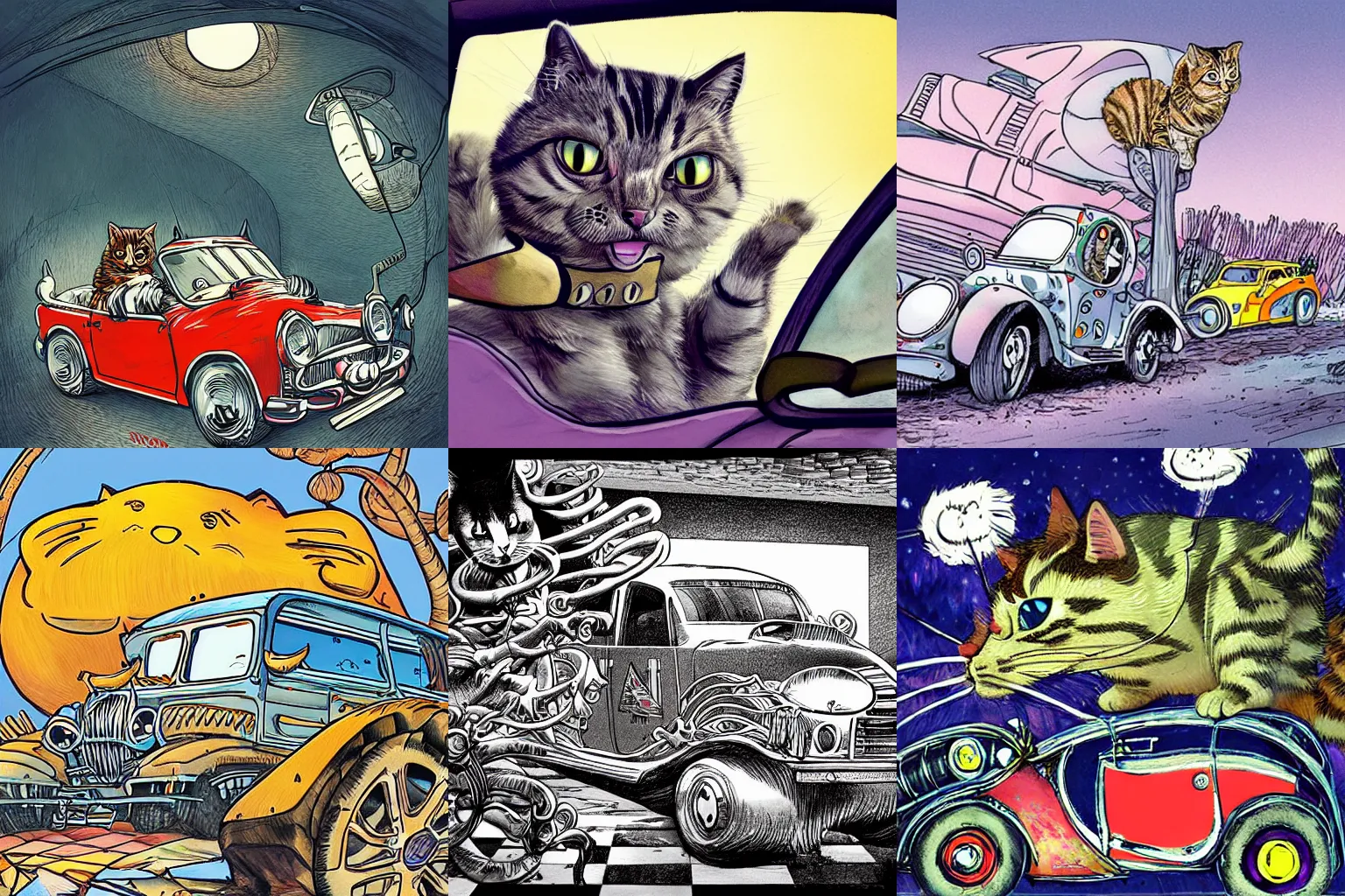 Prompt: a cat car, trending, dynamic lighting, stark contrasts, detailed and intricate environment, art by dr suess, illustration,