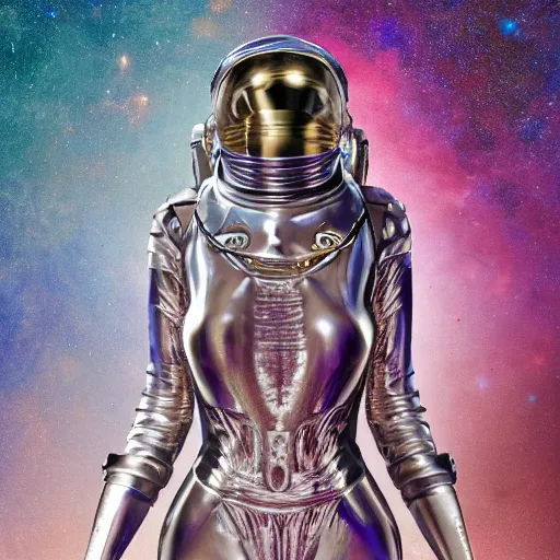 Image similar to the mummy astronaut, style hybrid mix of Emma Lindstrom+Romi Lerda+ Sandra Pelser,Yves Tanguy+ Alphonse Mucha+ Ernst Haeckel+ Edward Robert Hughes+Stanisław Szukalski , rich moody colors,diamond dust glitter and sparkles, holographic krypton ion,green eyes,octane render,4k, ighly detailed, hyperrealism, excellent composition, cinematic concept art, dramatic lighting, trending on ArtStation