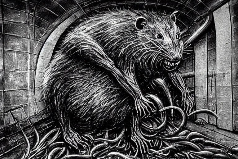 Image similar to very large giant mutant zombie irradiated angry rat staying on railways in tonnel of moscow subway. extreme high detail, very realistic. low dark light, scary mood. giger