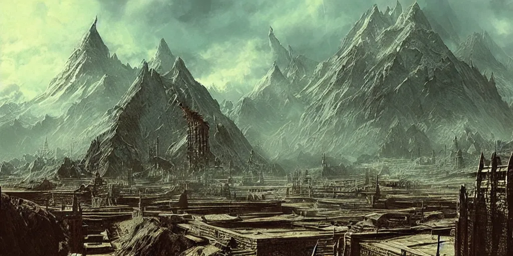 Image similar to “matte painting, helms deep, Bruce Pennington”