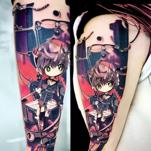 Prompt: Anime manga robot!! catgirl tattoo, cyborg catgirl, exposed wires and gears, fully robotic!! catgirl, manga!! in the style of Junji Ito and Naoko Takeuchi, cute!! chibi!!! catgirl, tattoo on upper arm, arm tattoo