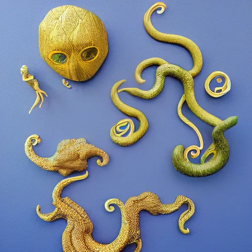 Image similar to ceramic colourful patterned sculptures, soft 3d render, diffused lighting, underwater, atlantis world, gold leaf ceramic pieces and trim, gold lines tentacles, artwork by shary boyle + Yeesookyung