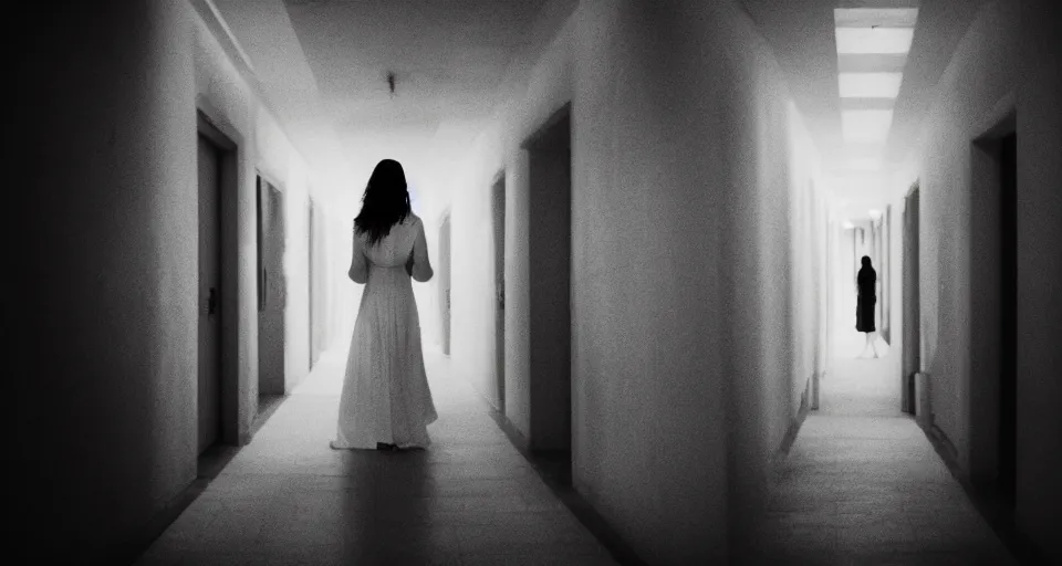 Prompt: A beautiful woman in white is walking dark hallway at midnight , view from front, horror movie.