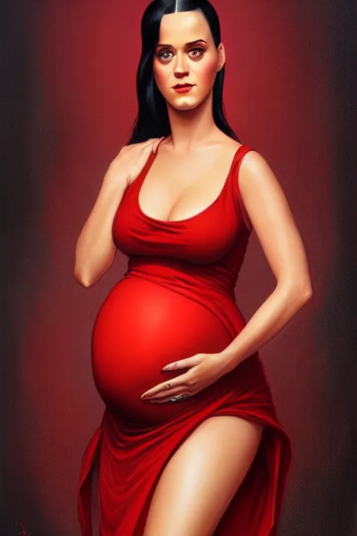 Image similar to pregnant katy perry in a red dress, realistic portrait, symmetrical, highly detailed, digital painting, artstation, concept art, smooth, sharp focus, illustration, cinematic lighting, art by artgerm and greg rutkowski and alphonse mucha