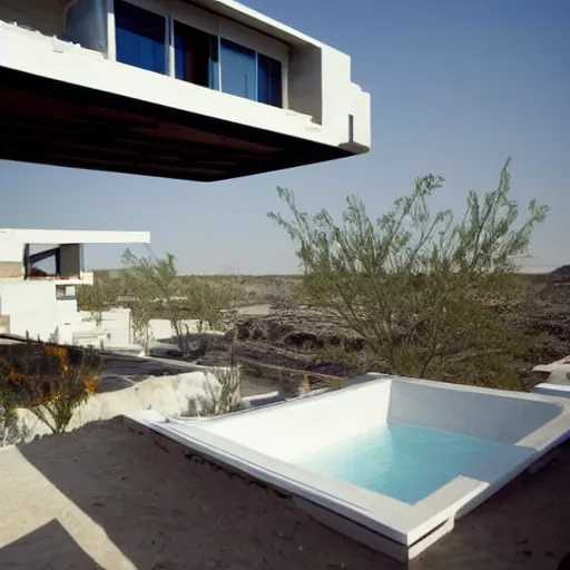 Image similar to habitat 6 7, white lego architect hotel in the dessert, many plants and infinite pool