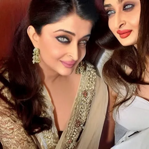 Image similar to a photo of aishwarya rai and kareena kapoor together in bed, hyper realistic, hyper detailed