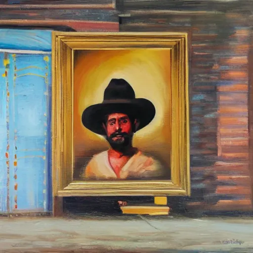 Image similar to warehouse worker wearing a sombrero as an oil painting on canvas