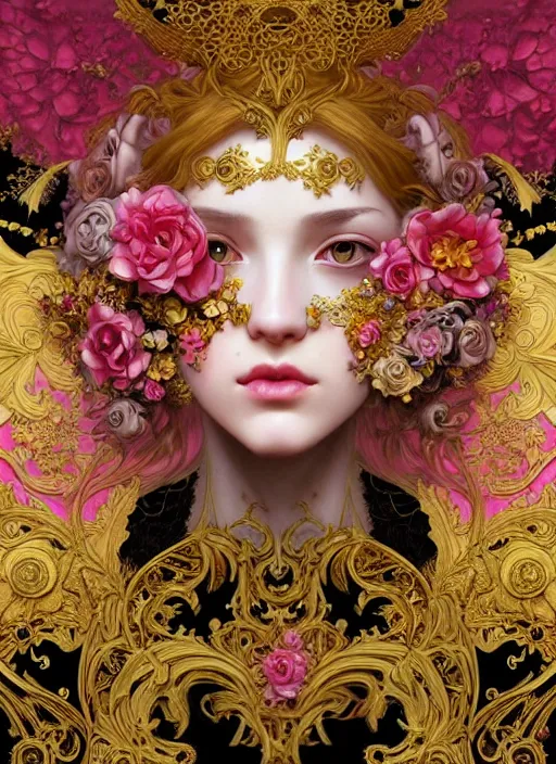 Image similar to beautiful black pink yellow, complicated gold and pink flowers in baroque style headwears, dark fantasy, intricate, elegant, highly detailed, digital painting, artstation, concept art, matte, 3 d 8 k octane rendered, sharp focus, illustration, octane rendered, art by artgerm and alphonse mucha, leesha hannigan