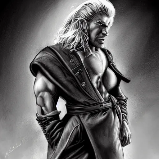 Image similar to portrait of a muscular, grim, ponytail haired blonde man in his late 30's, wearing a thick brown leather coat, looking to his side, hunter, DnD character, fantasy character, dramatic lighting, high detail, black and white digital art by Boris Vallejo