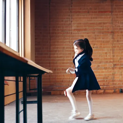 Prompt: film still of stylish girl dancing on school desk, tilted frame, 3 5 °, dutch angle, cinematography from music video