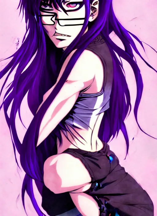 Prompt: style of madhouse studio anime, rei hiroe black lagoon manga, loish, artgerm, joshua middleton comic art, portrait of revy from black lagoon, purple hair, chinese, symmetrical eyes and symmetrical face, jean shorts, white tank top, waist up, sarcastic evil smirk on face, natural lighting