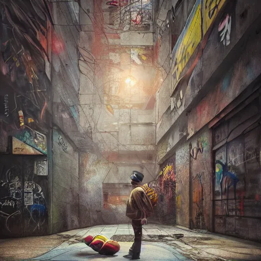 Image similar to that moment when you realize grafitti and almonds are hard words to spell, by cameron gray, wlop, stanley kubrick, masamune, unique perspective, epic, trending on artstation, photorealistic, 3 d render, vivid