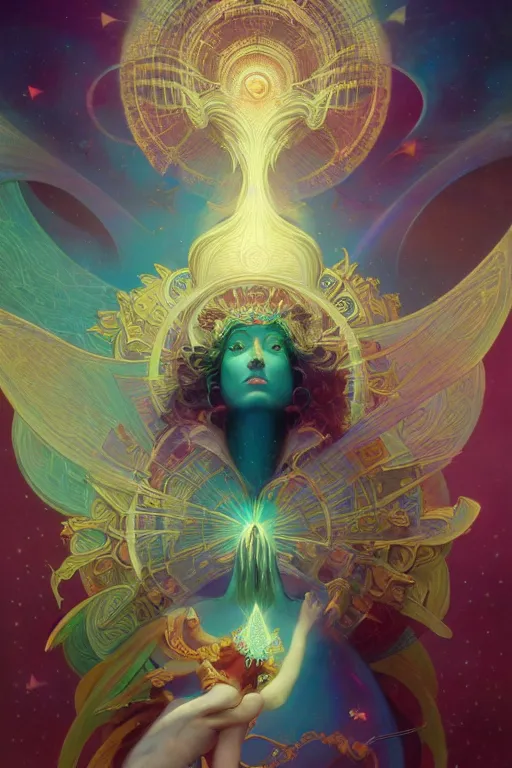 Image similar to goddess of space and dreams, coherent design, symmetrical, concept art, trending on artstation, vivid color, complementary color, golden ratio, detailed, sharp lines, sharp focus, intricate, rainbowshift, peter mohrbacher, gustave dore, maxfield parrish, alphonse mucha, artgerm, deviantart, octane render