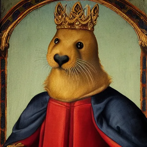 Prompt: a renaissance style portrait painting of a otter, wearing a crown and cape, dark background