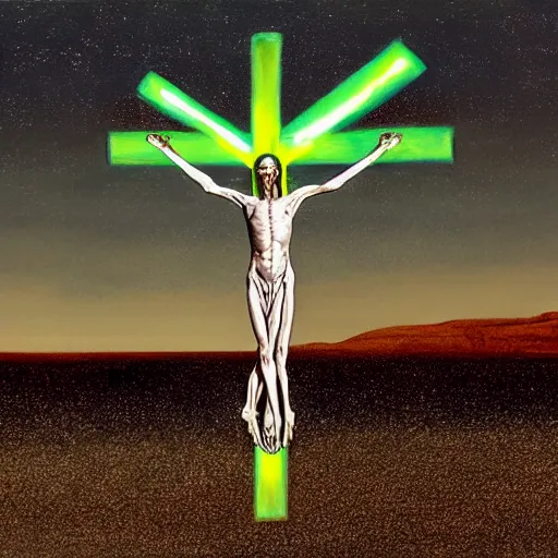 Prompt: a hyperrealistic painting of an alien being crucified in a bioluminescent desert on an alien planet by Chris Cunningham,