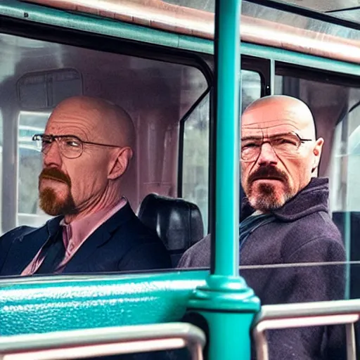 Prompt: Walter white inside a London bus