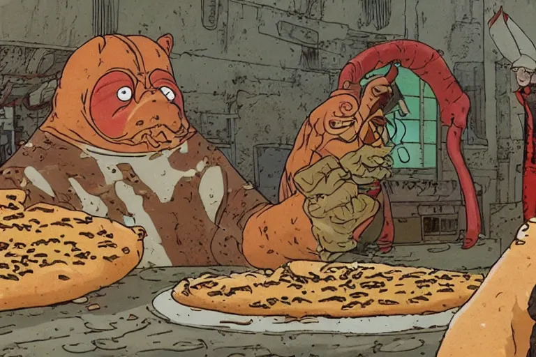 Image similar to a film still of pizza the hut in the akira, high quality