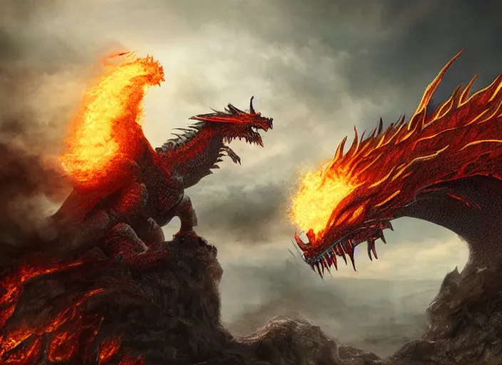 Image similar to giant fire dragon attacking a castle, highly detailed, 4 k, hdr, award - winning, directed by zack snyder, trending on art station, matte