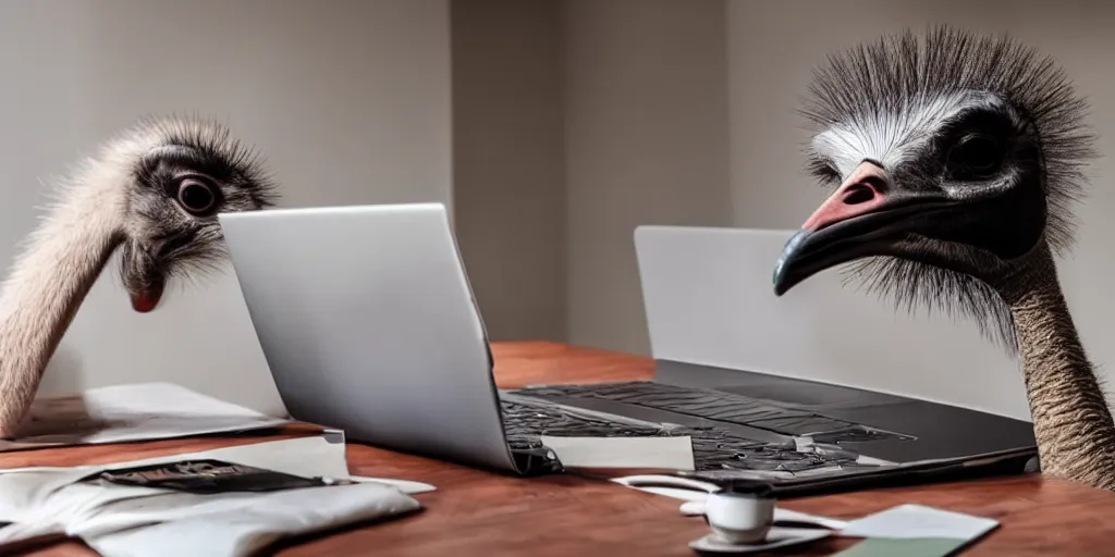 Image similar to a stressed ostrich doing taxes in front of a laptop, trending photo