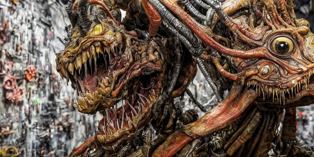 Image similar to photo taken of an epic intricate, ultra detailed, super realistic gritty, hero prop, exquisitely painted animatronic movie prop of a grotesque nightmarish hellish alien creature displayed in the workshop, created by weta workshop, full body shot, photorealistic, sharp focus