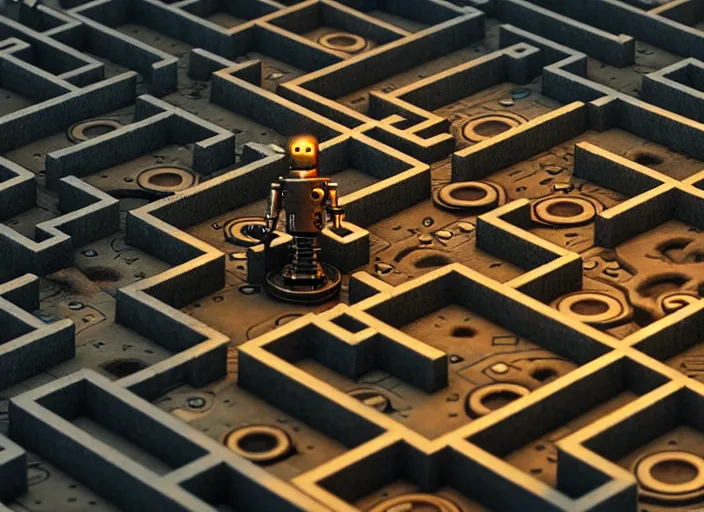Prompt: steampunk robot in a maze by greg rutkowski and andreas rocha, tilt shift, ultra realistic, unreal engine, trending on artstation, 4 k